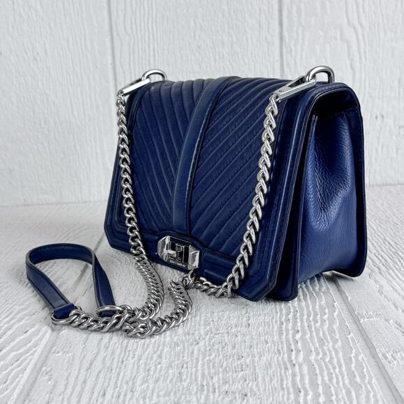 Rebecca Minkoff Chevron Quilted Love Crossbody Bag Blue Leather Chain Shoulder - Picture 3 of 12